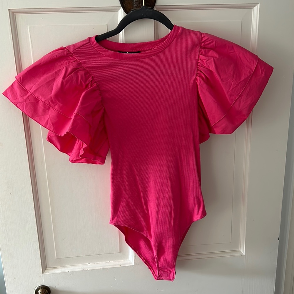 Hot Pink Cotton Bodysuit with Puffed Sleeves